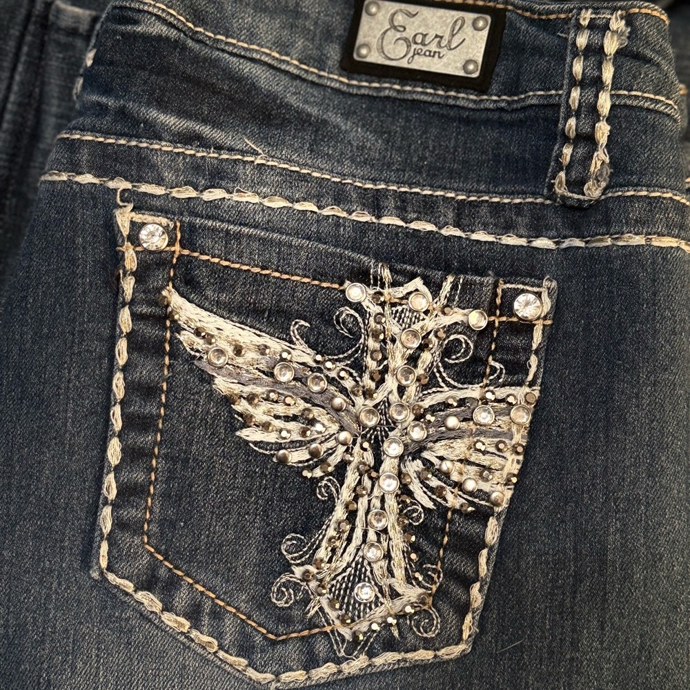 Earl Jeans Women's Dark Blue Bootcut Jeans with Rhinestone Cross